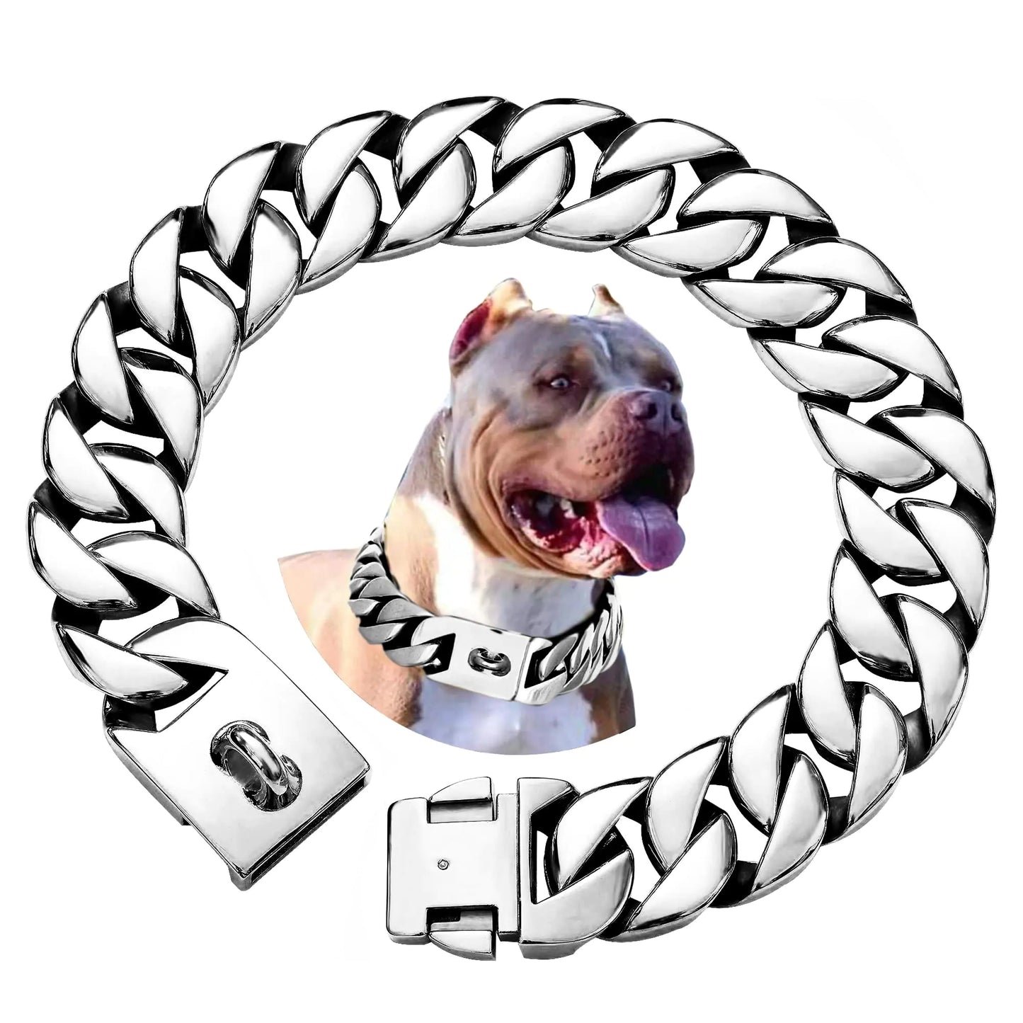 txprodogchains Big Dog Chain Collar with Buckle Strong Heavy Duty 32MM Thick Wide Stainless Steel Metal Cuban Link Chain Collar for Large Dogs