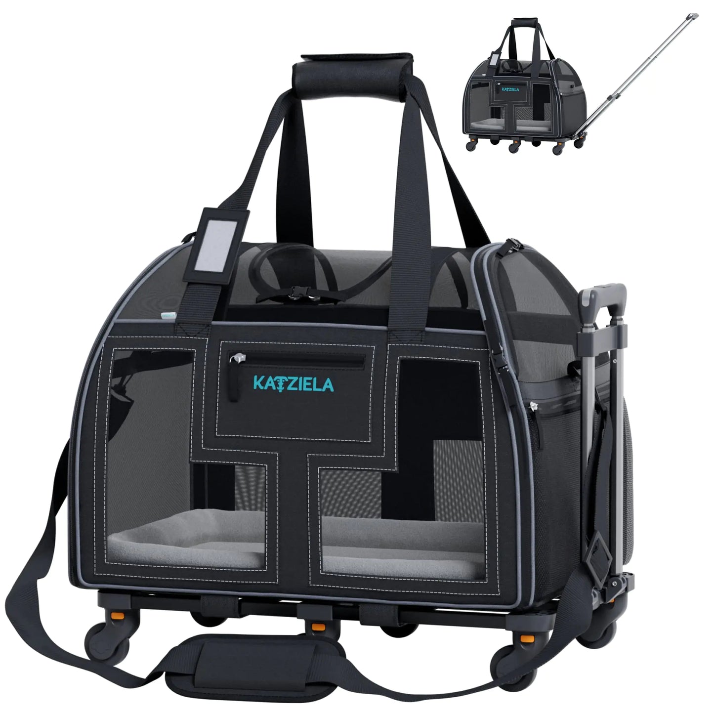 Airline Compliant Pet Carrier - Rolling Portable Travel Carry Crate for Small Dog Puppy or Cat - Soft Removable Wheeled Design with Mesh Window Sides - Airplane and TSA Compliant- by Katziela