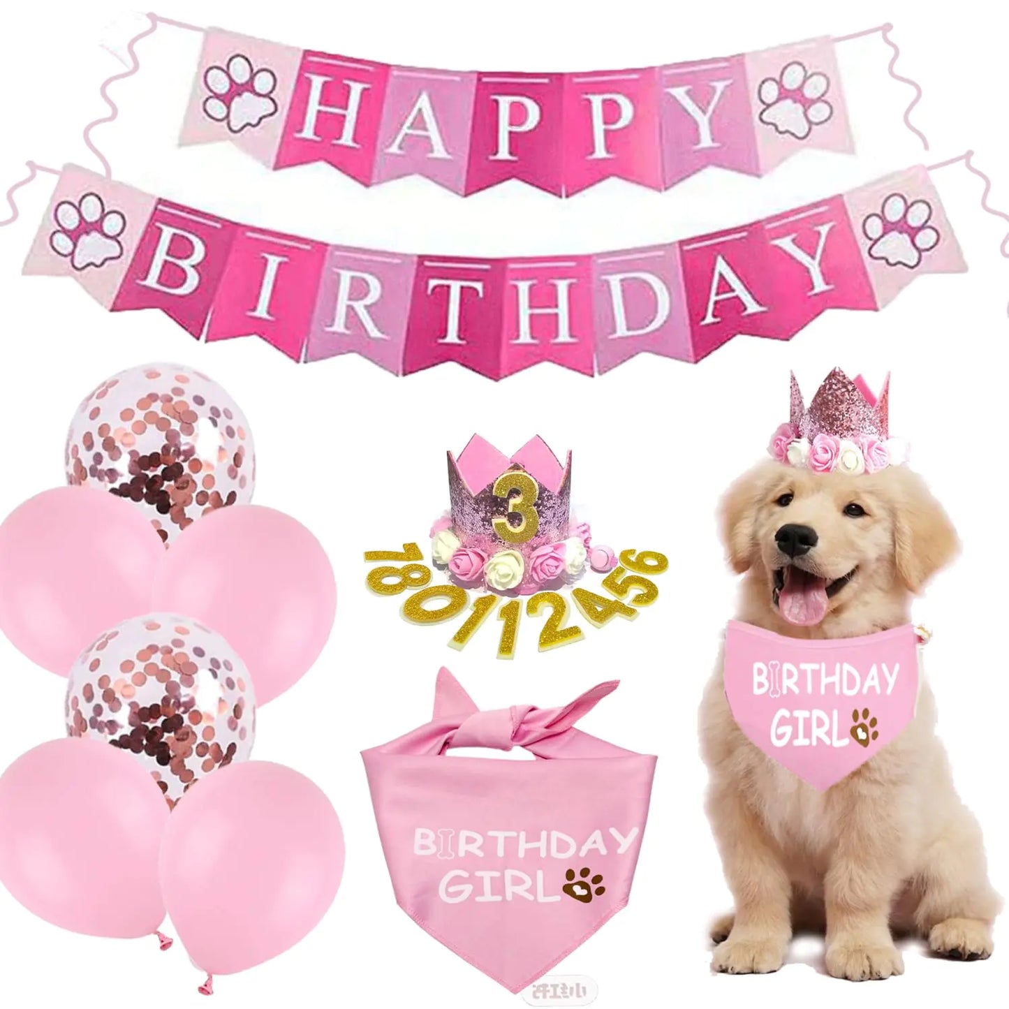Waghaw Dog Birthday Party SuppliesDog Birthday Hat Dog Birthday Bandana Dog Birthday Gift Dog Birthday Banner Dog Birthday Balloons Dog Birthday Crown(Pink,Small)