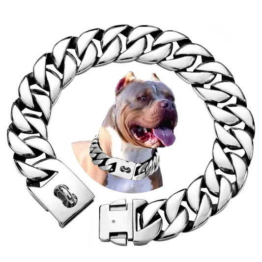txprodogchains Big Dog Chain Collar with Buckle Strong Heavy Duty 32MM Thick Wide Stainless Steel Metal Cuban Link Chain Collar for Large Dogs