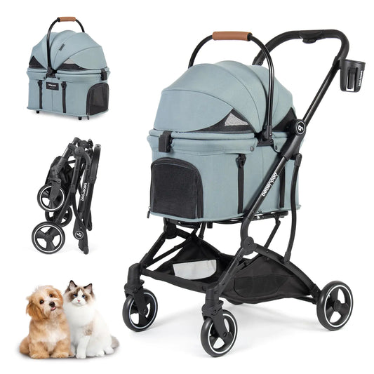 Beberoad Pets T3 PRO 3 in 1 Small Pet Stroller Dog Stroller Pet Stroller for Cats 4 Wheels Stroller for Dogs with Detachable Carrier with Pad Canopy and Cup Holder Green