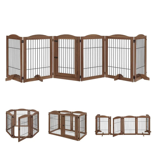 unipaws 132" Extra Wide Dog Gate and Pet Playpen Free Standing Tall Dog Fence with Walk Through Door Dog Barriers for Home Use as Indoor Dogs Cats Pen Rabbit Pen Walnut