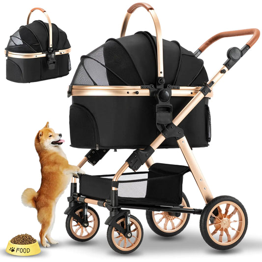 Ingborsa Pet Stroller Dog Stroller for Medium Small Dog with Storage Basket Foldable Lightweight Dog Carrier Trolley.Basket can be Used Alone. Pump-Free Rubber Tire/Reversible Aluminum Frame