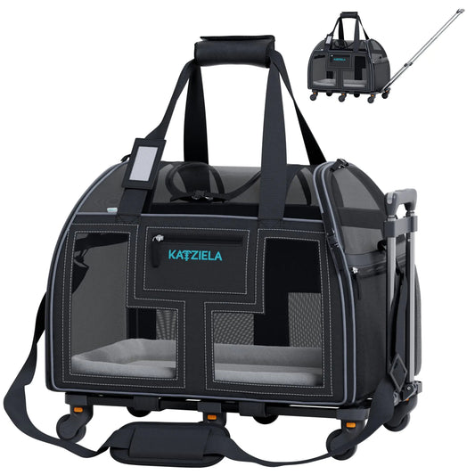 Airline Compliant Pet Carrier - Rolling Portable Travel Carry Crate for Small Dog Puppy or Cat - Soft Removable Wheeled Design with Mesh Window Sides - Airplane and TSA Compliant- by Katziela