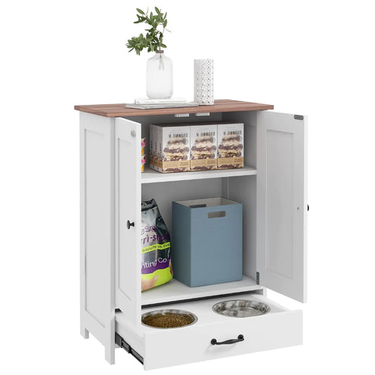 PawHut Dog Food Storage Cabinet Dog Feeding Station with 2 Hidden Dog Bowls Adjustable Panel Hook Pet Feeding Station for Medium Sized Dogs White